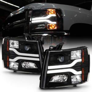 Black 2007-2013 Chevy Silverado 1500 LED DRL Tube Projector Headlights Headlamps Driver+Passenger Side