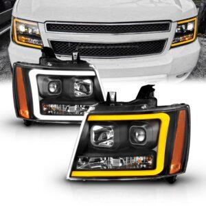 for 2007-2013 Chevy Avalanche/Suburban/Tahoe Switchback LED Tube Turn Siganl Projector Black Replacement Headlights Pair - Passenger and Driver Side