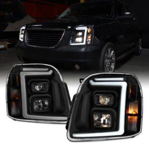 Fits 2007-2014 GMC Yukon XL 1500 2500 [LED C-Tube DRL] Projector Black Smoked Headlights Pair Driver+Passenger