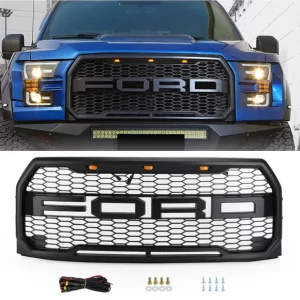 Raptor 2015-2017 F150 XLT/Lariat/Platinum/FX4 Raptor Style Front Bumper Grill Replacement Black Grille W/ LED