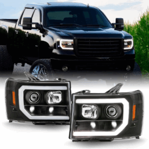 Fits 2007-2013 GMC Sierra 1500 2500HD 3500HD LED [C-Tube] Projector Headlights [Black Edition] Pair Driver + Passenger