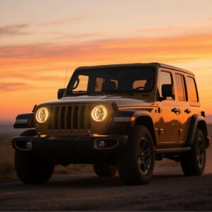 7" Round LED Jeep Wrangler Headlights 2pcs 200W Halo Angel Eye Ring DRL & Amber Turn Signal Lights H/L beam for Jeep Wrangler JK LJ CJ Hummer H1 H2